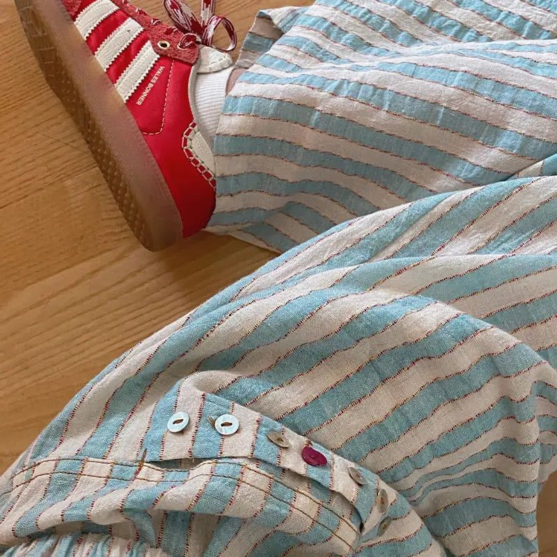 nvxiot - New Korean Fashion Blue Stripe Colorful Shell Buckle Wide Leg Pants for Women Summer High Waist Loose BF Lazy Style Causal Pants