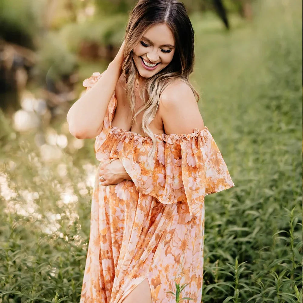 nvxiot - Fall Outfits 2024 Bohemian Photo Shooting Pregnancy Dress Printed Chiffon Off Shoulder Two-Piece Dress Maternity Dresses For Baby Showers