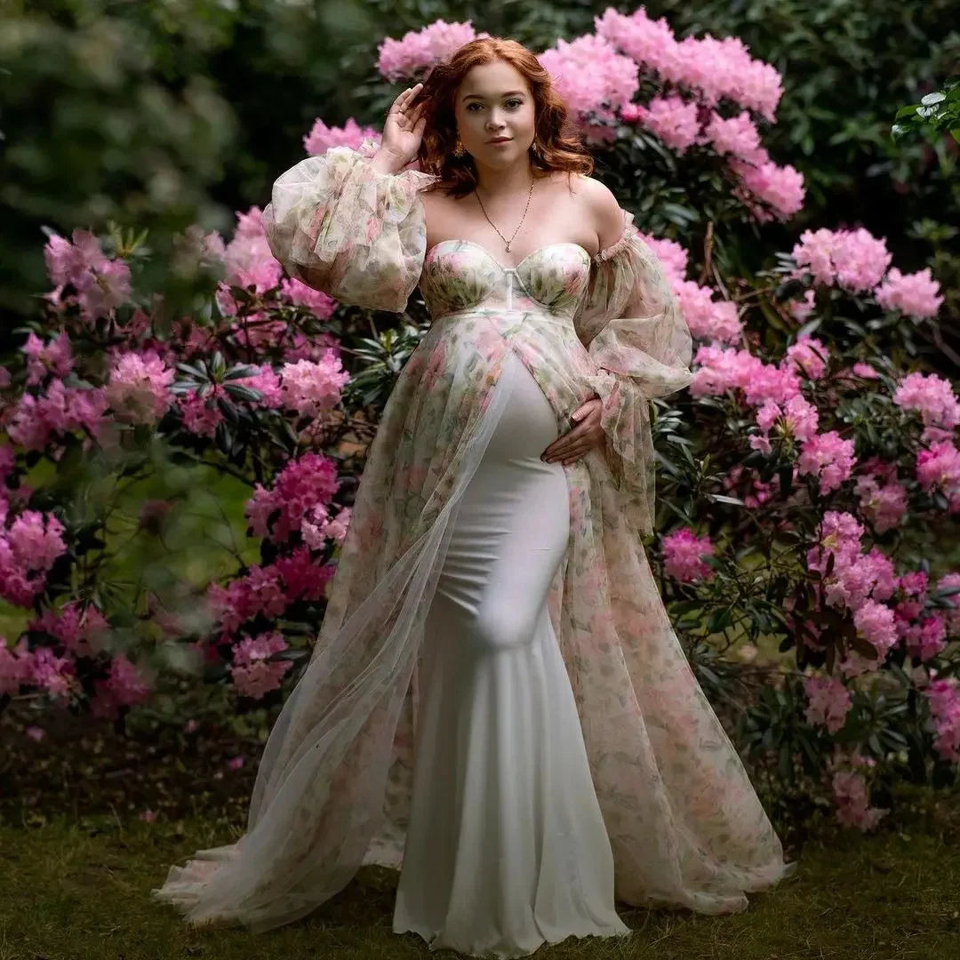 nvxiot - Mermaid Overskirts Maternity Dresses for Woman Photo Shoot Printing Flower Fotos Gowns Sexy Robe Nightgown Baby Shower Dresses