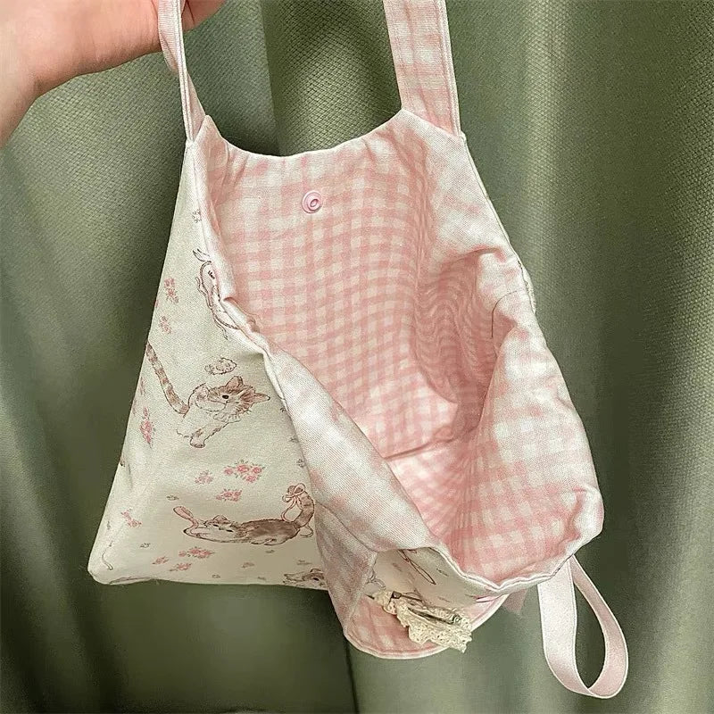MQTIME - Sweet Cat Floral Print Student Handbag Lovely Girl Tote Bag Large Capacity Big Square Shoulder Bag Handbags