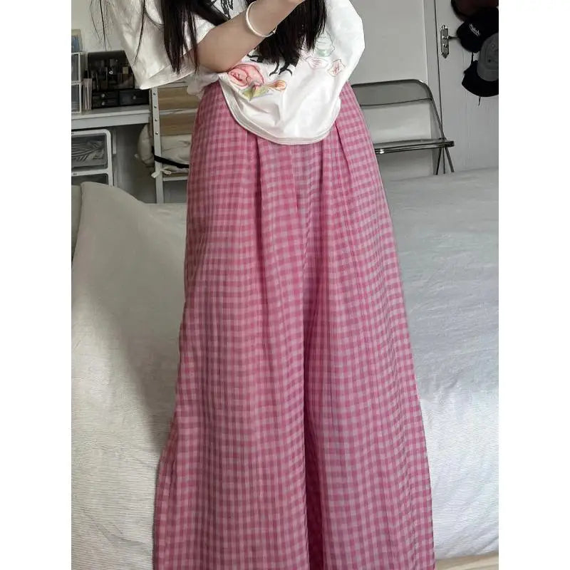 nvxiot - High Waist Loose Straight Long Pink Plaid Pant Women's Pants 2024 y2k Wide Leg Trouser Summer Boho Baggy Leg Korean Casual