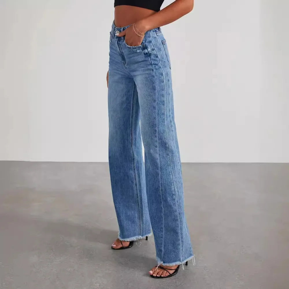 MQTIME - Women's Denim Jeans Wide Leg Pants High Waist Fashion Cotton Trousers Autumn Tide Straight Pants De Mujer Frayed Hem Jeans