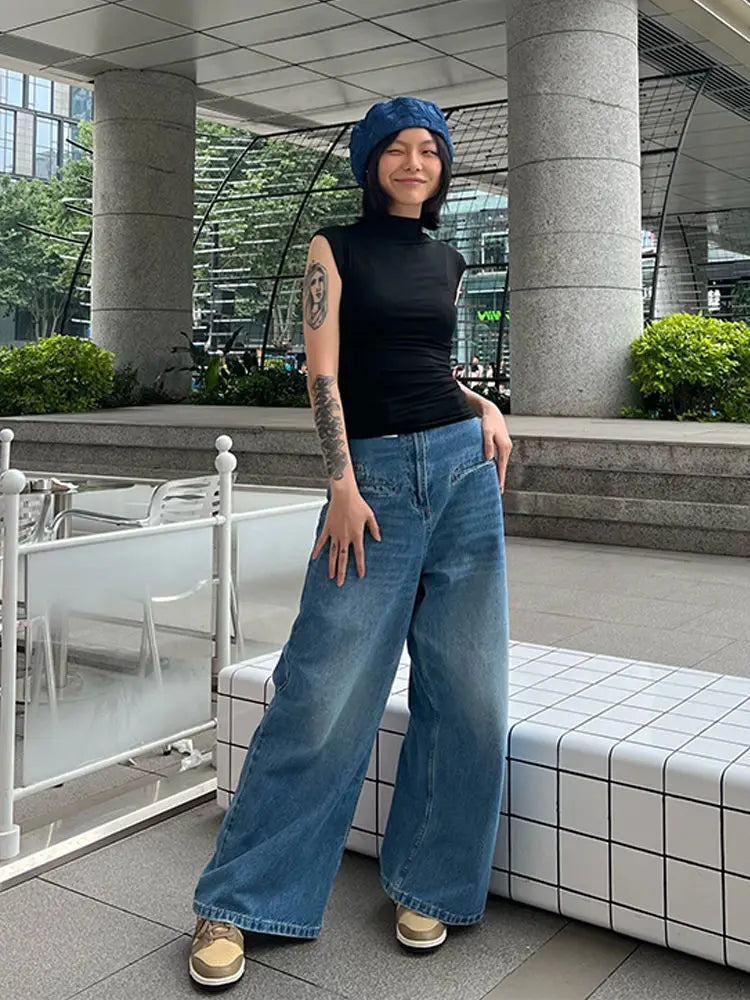 nvxiot - Womens Jeans High Waisted Boyfriend Baggy Loose Wide Straight Leg Casual Blue Denim Pant @ harajuku streetwear y2k korean cloth