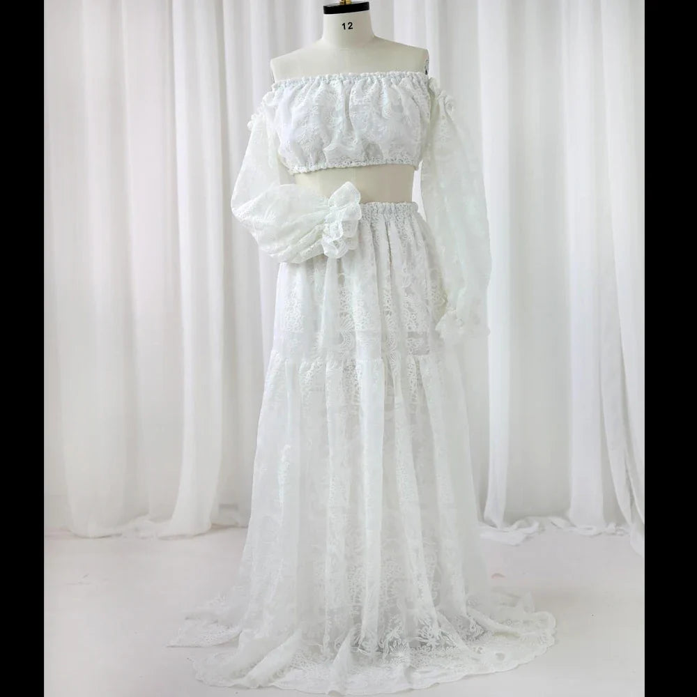 nvxiot - Fall Outfits 2024 Maternity Photography Dresses White Hollow Lace One Shoulder Long Sleeved Two-Piece Dress Bohemian Photography Dress For Women
