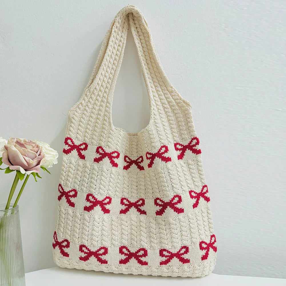 nvxiot - Knitted Handbags Large Capacity Bow Pattern Crochet Tote Bag Bow Pattern Crochet Tote Bag Multifunctional Knitted Shopping Bag
