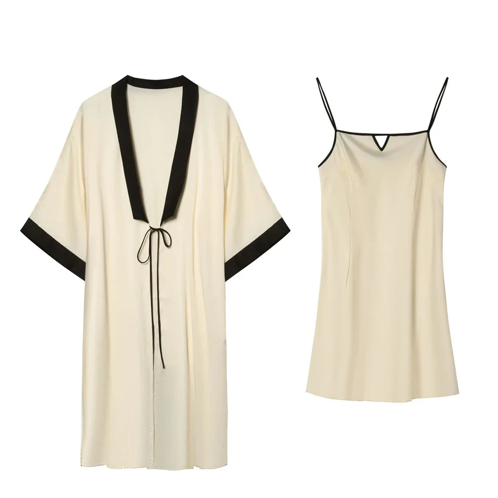MQTIME - 2 Pieces Home Clothing Women Pyjamas Sets Faux Silk Pajamas Sleepwear Sets Bath Gown Robe