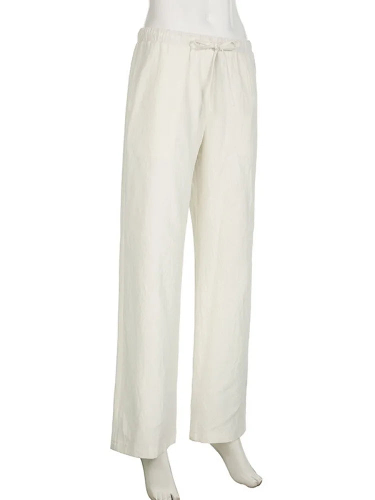 MQTIME - Casual Basic White Pants Women Baggy Low Waist Straight Trousers Solid Color Thin Wide Leg Pantalones Ladies Summer