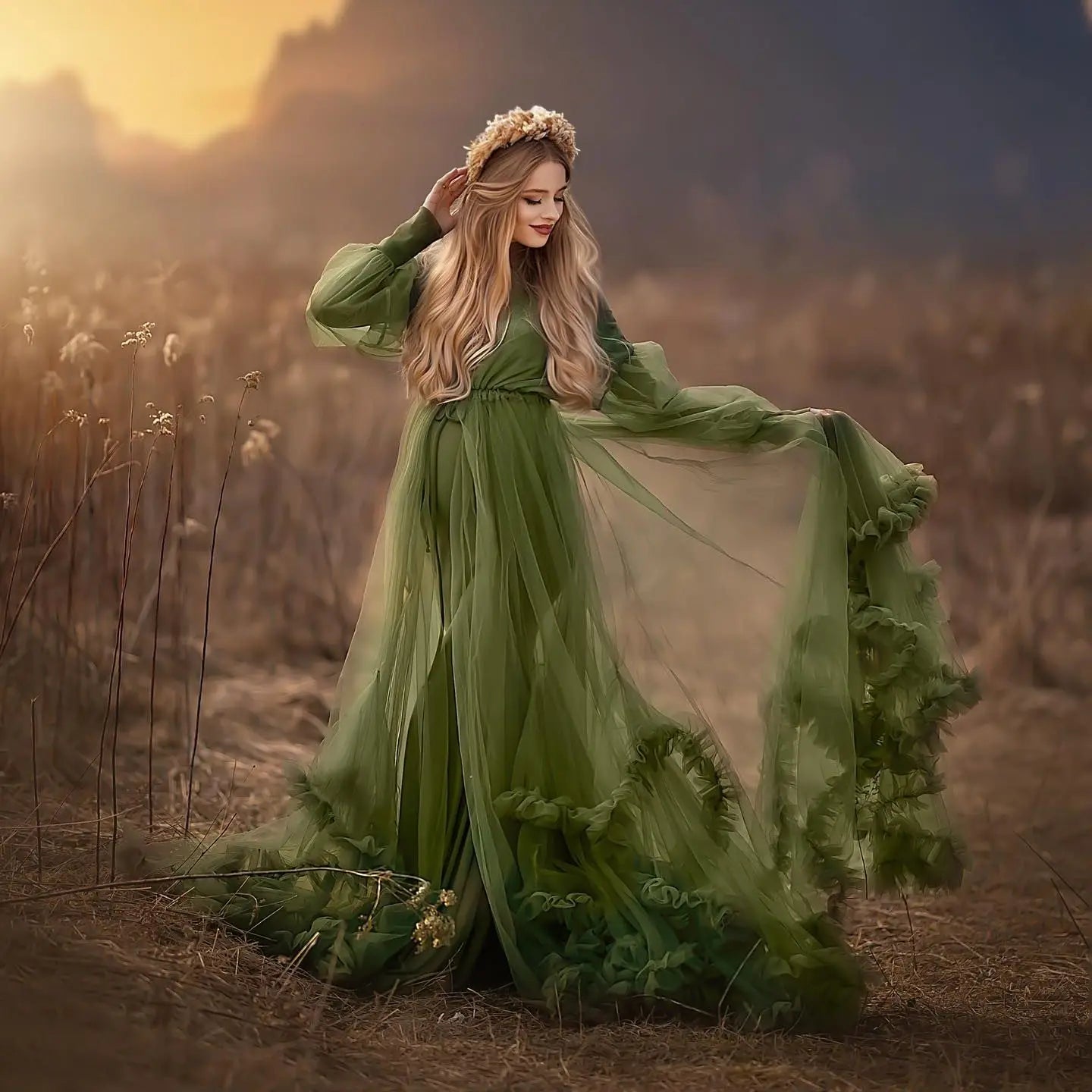 nvxiot - Modest Green Mermaid Maternity Dress for Photoshoot High Neck Pregnant Women Photography Dresses Long Sleeve Babyshower Gowns