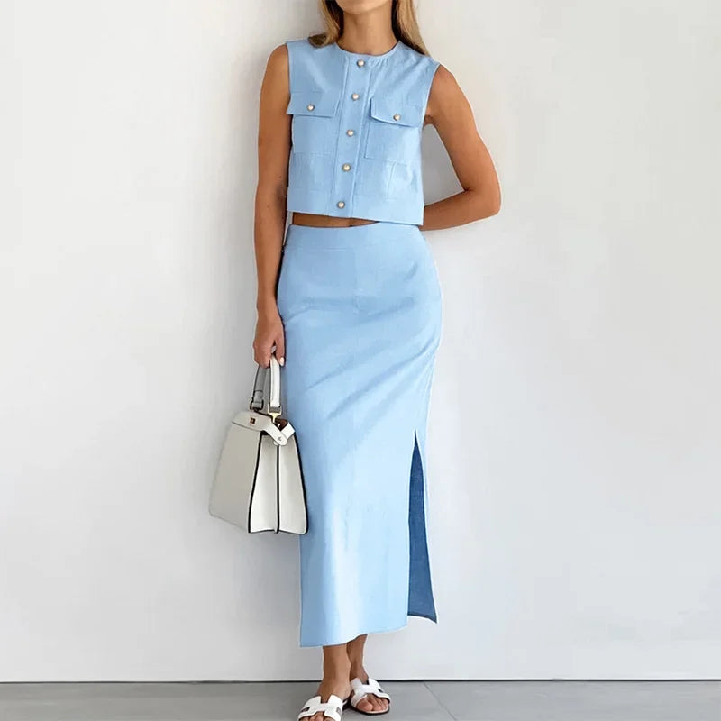 MQTIME - Elegant Two-piece Skirt Suit Women Casual Single Breasted Tops Elastic Waist Midi Skirt 2024 Summer Office Lady Slim Fit Outfits