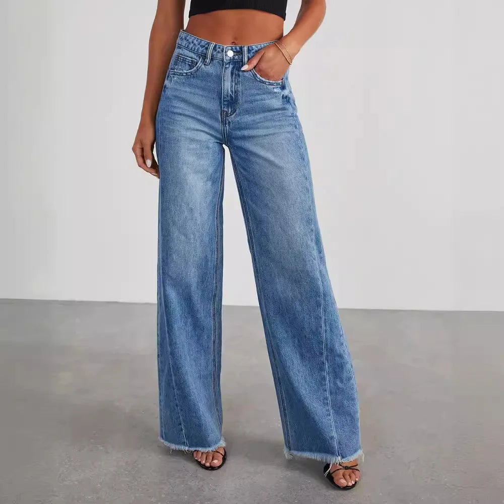 MQTIME - Women's Denim Jeans Wide Leg Pants High Waist Fashion Cotton Trousers Autumn Tide Straight Pants De Mujer Frayed Hem Jeans