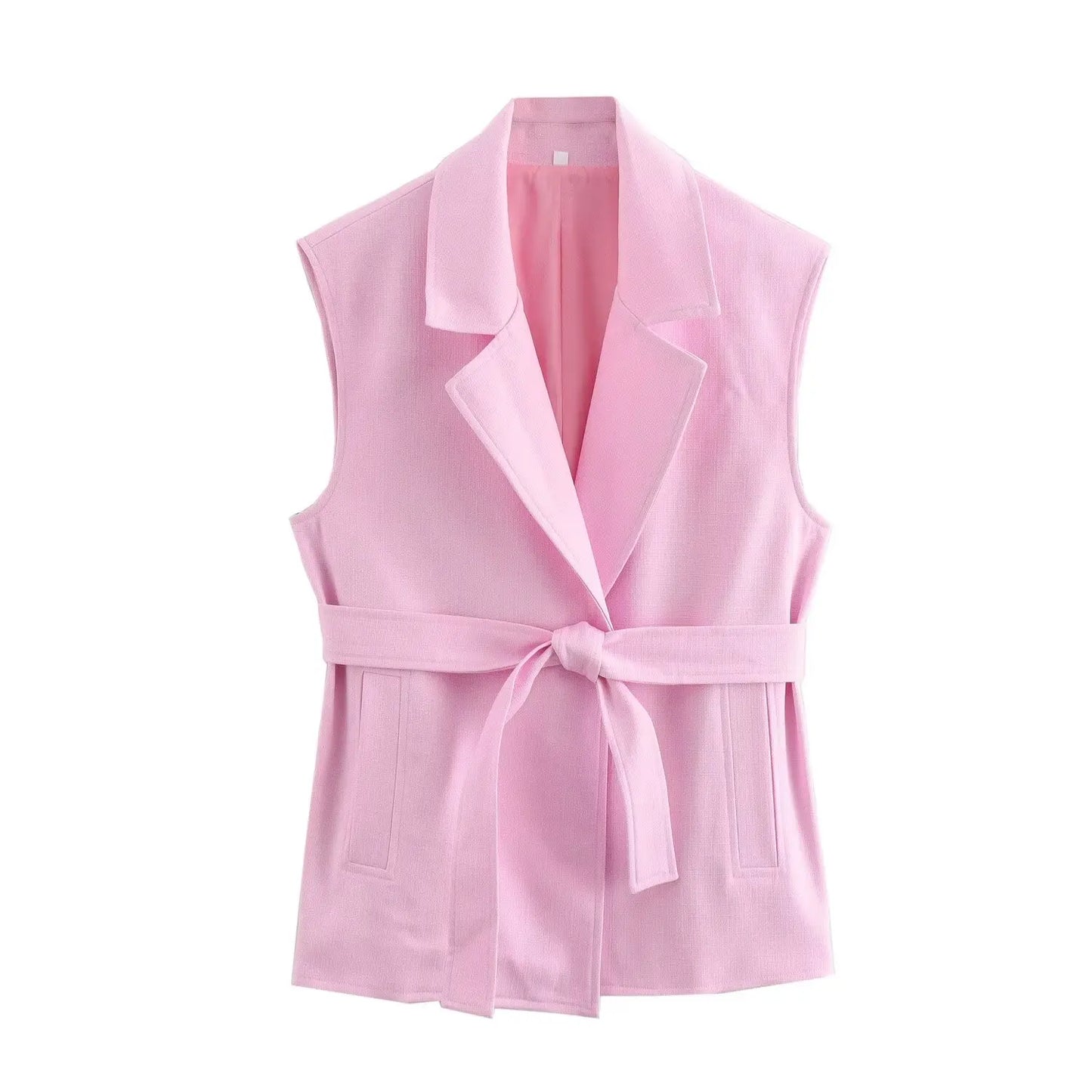 MQTIME - Elegant Women Vest Suit Lapel Sleeveless Vests Pocket Belt Slim Casual Coat+Vintage Drawstring Folds Slim Long Pant
