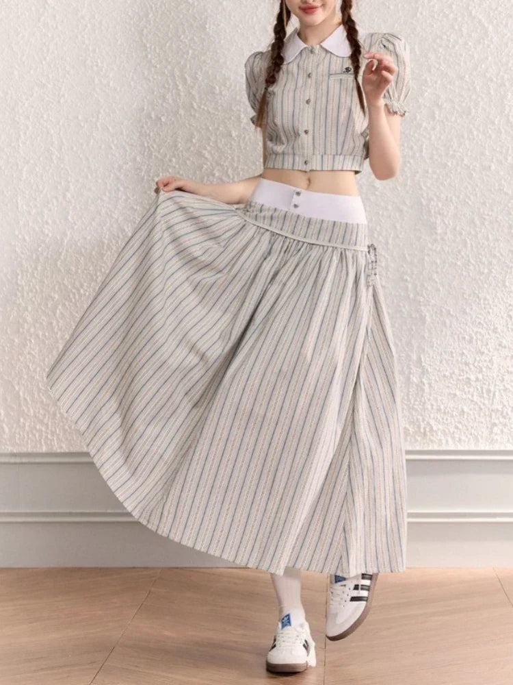 MQTIME - Stripe Turn-down Collar Blouse Preppy Style High Waisted Lace Up Long Skirts Korean Fashion 2 Piece Sets Womens Outfits