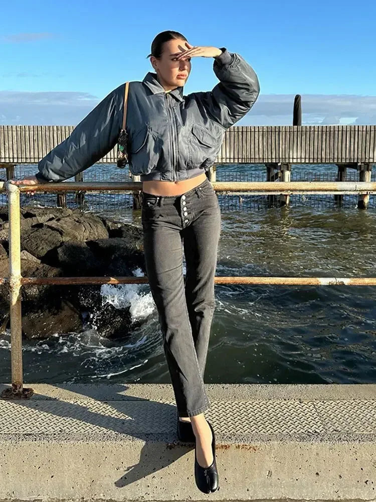MQTIME - Women Lapel Zipper Pocket Solid Bomber Jacket Fashion Casual Long Sleeves Padded Coat 2024 Autumn Winter Female Street Outwear