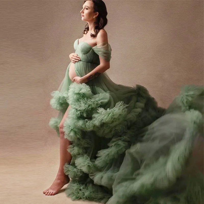 nvxiot - Pearl Tulle Maternity Dress for Photoshoot Long Puffy Sleeve Off Shoulder Babyshower Bridal Pregnancy Gowns