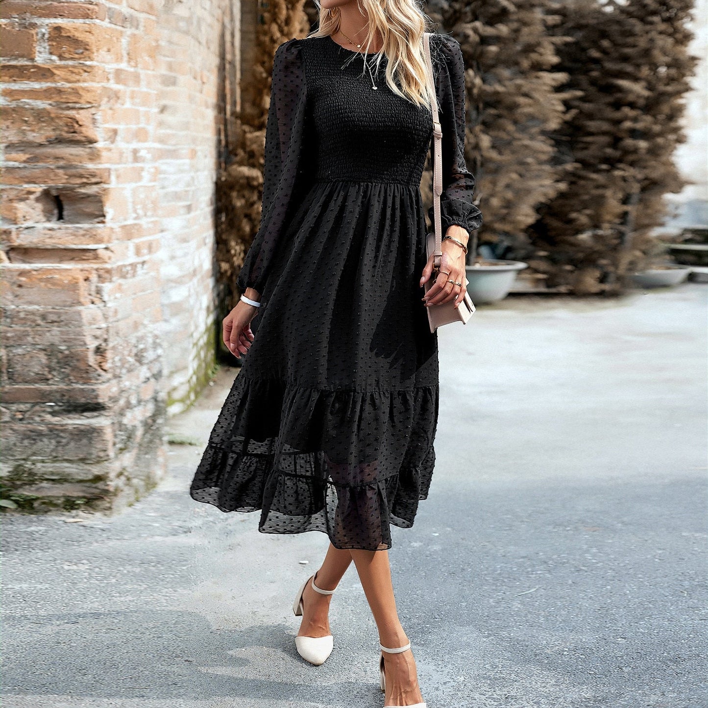 nvxiot Jacquard Dress New Women Autumn O Neck Lantern Sleeve Elegant Solid Color Long Dress For Fashion