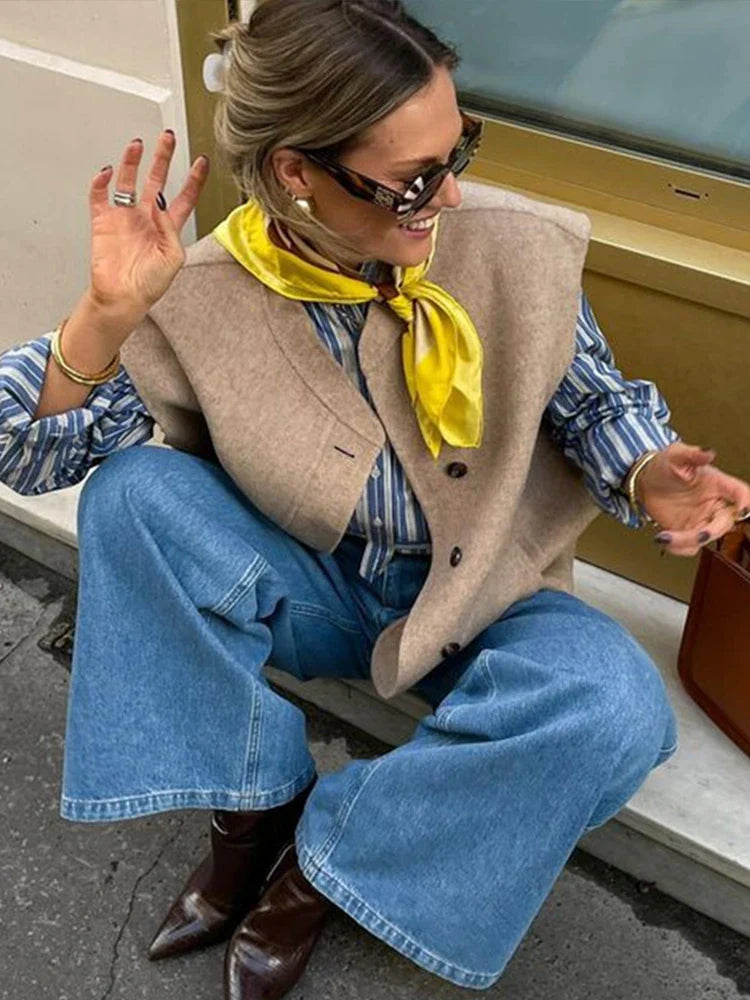 MQTIME - Vintage Single Breasted Vest for Women Spring Autumn Loose Sleeveless O-neck Pockets Waistcoat Jacket Female Fashion Streetwear