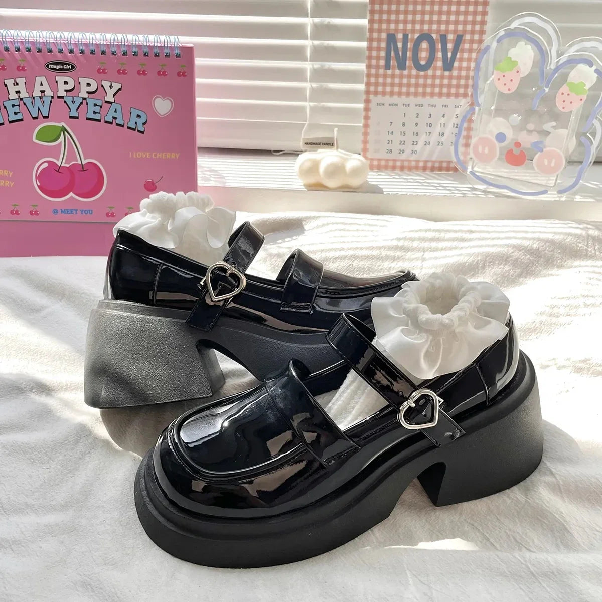 MQTIME - Women Platform Basic Mary Jane Shoes Prepppy Style Leather Heart Lolita Shoes Japanese Jk Female High Heel Shoes