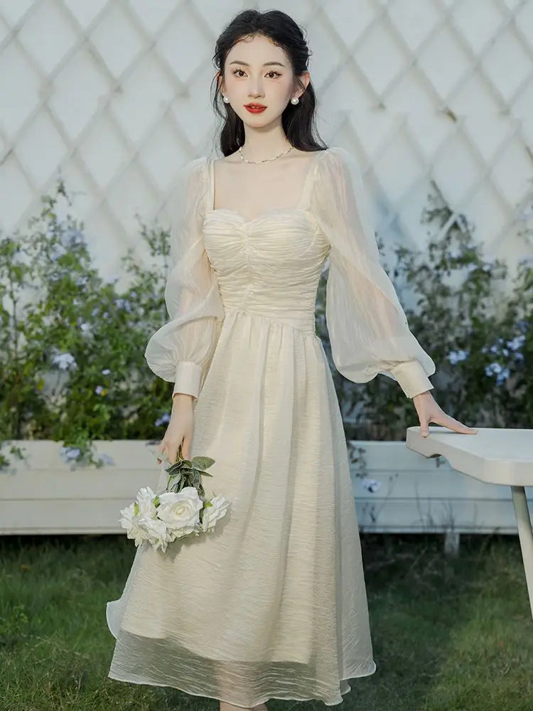 MQTIME - French Sweet High Grade Waist Slimming Bubble Sleeve Vintage Dress for Women Spring Square Neck Gentle Style A-line Long Dresses
