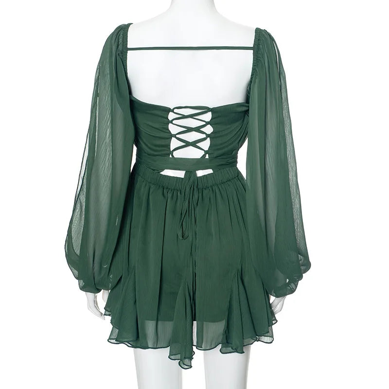 MQTIME - Women Sexy Chiffon Mini Dress V-neck Split Lantern Sleeve Lace Up Backless Fit Flare Summer Holiday Beach Outfits Casual Vestido