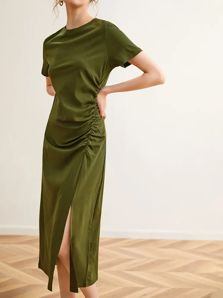 MQTIME - Country Pleated Split T-shirt Dress Women's Summer Design Sense Summer Long Covering Fleece Waist Shrinking Skirt