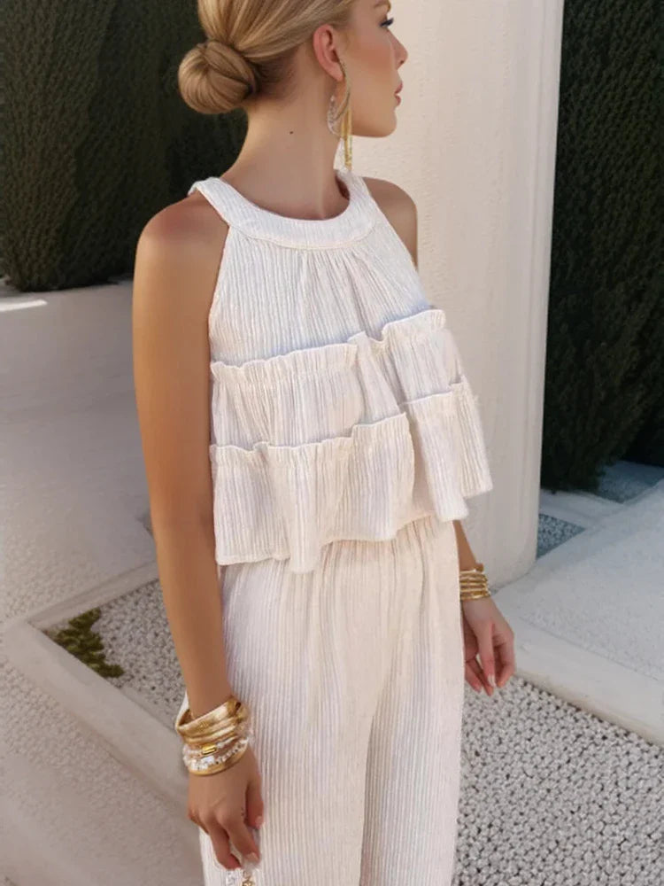 nvxiot - Summer New Sweet Ruffles O Neck Sleeveless Tops High Waist Loose Casual Straight Pants Fashion Two-piece Set for Women Outfits