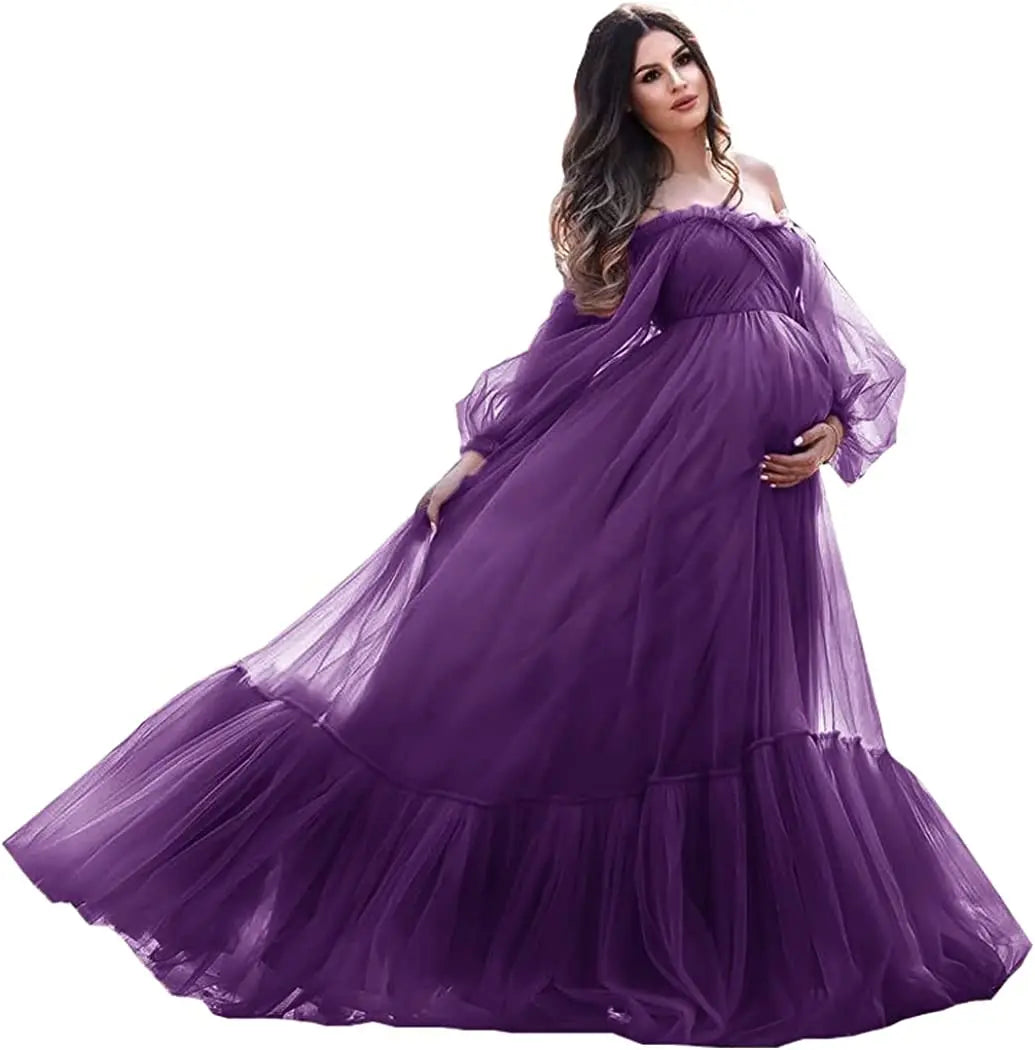 nvxiot - Puffy Sleeve Maternity Dress Tulle Robe With Underskirt for Photoshoot Off Shoulder Pregnancy Baby Shower Gown