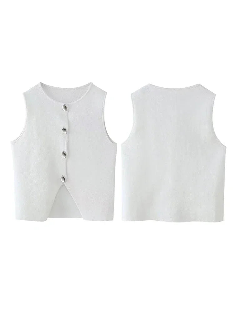 MQTIME - Vintage Sleeveless Knitted Cardigan Sweater For Women 2024 Summer Elegant O-neck Single Breasted Crop Top New Fashion Streetwear