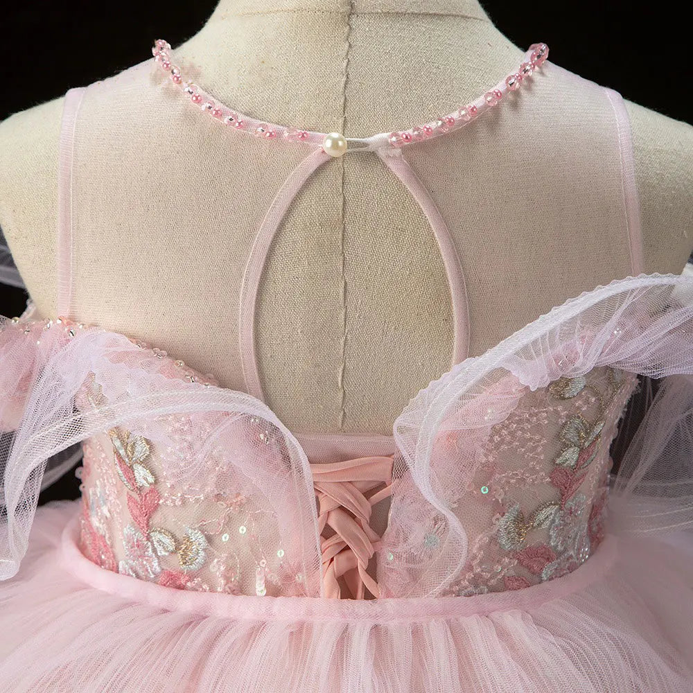 MQTIME - Sparkly Arabic Pink Girl Dress Beaded Pearls Dubai Kids Princess Birthday Wedding Party Ball Formal Gown 2024 J047