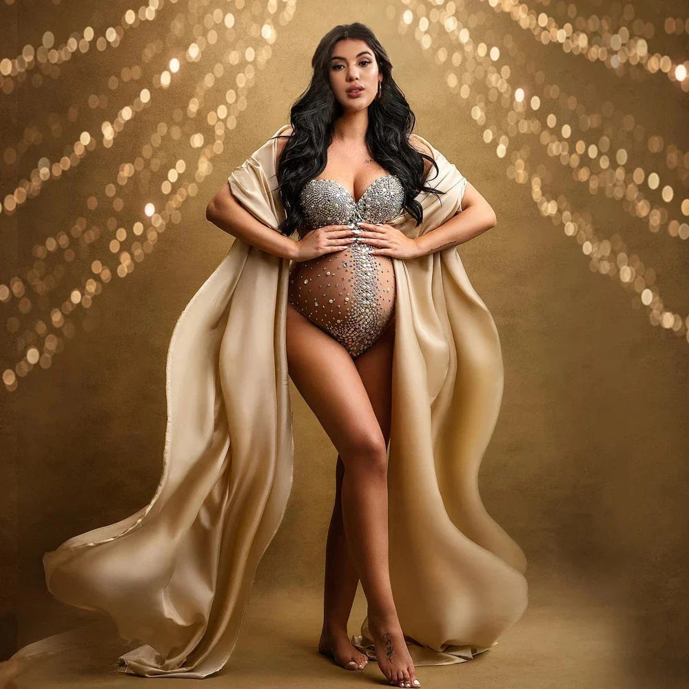 nvxiot - Maternity Photography Sexy Goddess V Neck Rhinestones Pearls Luxurious Stretch Jumpsuits Dress For Photo Shoot Props