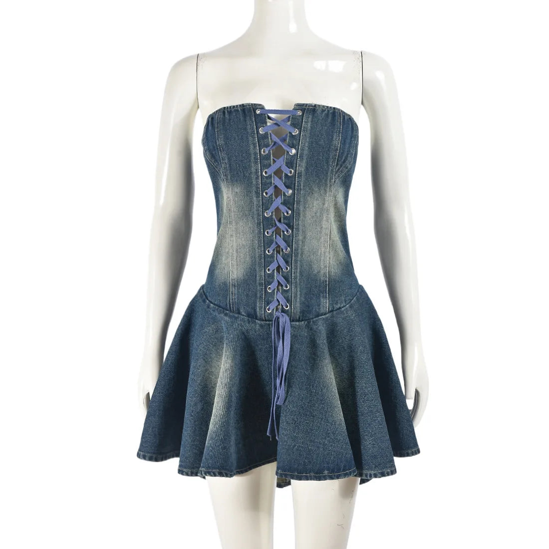 nvxiot - Women Fashion Grommet Lace Up Fit Flare Mini Denim Dress Sexy Strapless Zip-up Backless Ruffles Casual Jeans Streetwear Clubwear