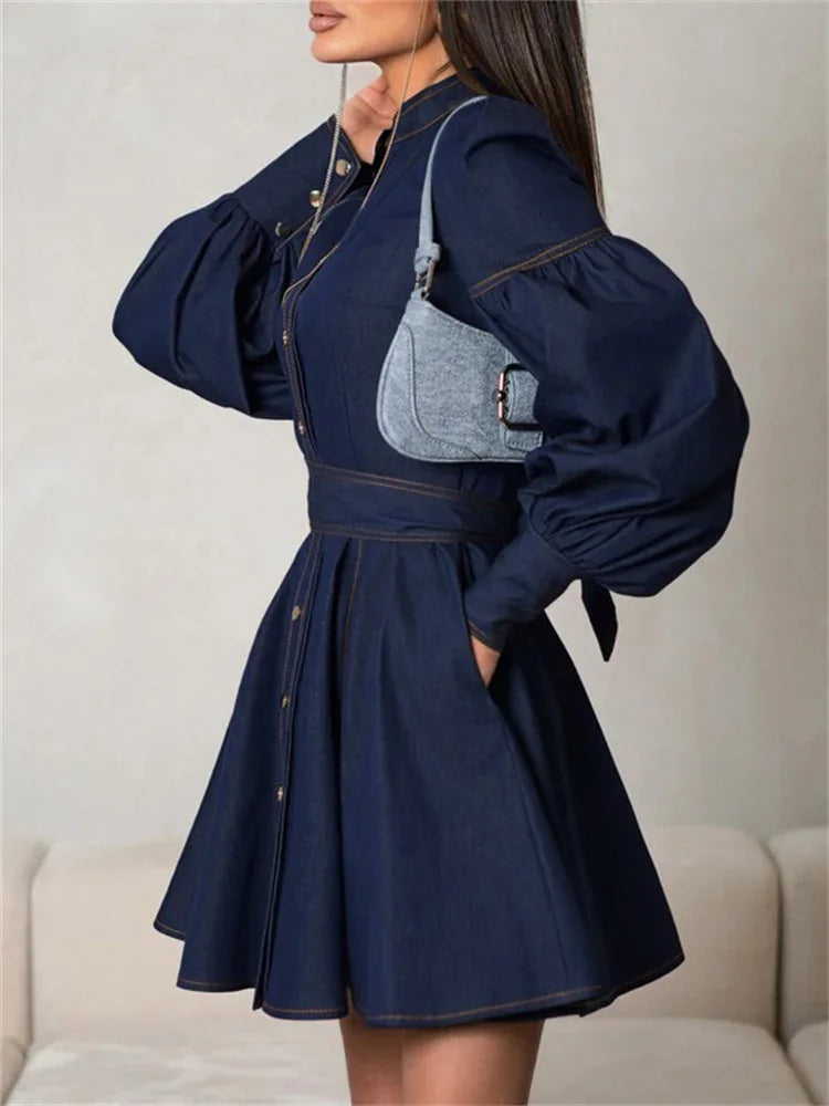 MQTIME - Fashion Lace-Up Denim Mini Dress For Women Patchwork High Waist Bandage Jean Streetwear Female Slim Casual Dress Autumn