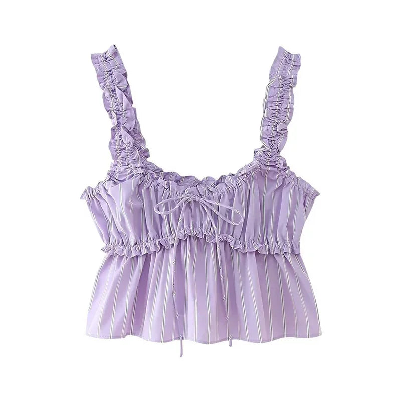 MQTIME - Striped Lace Up Women Trouser Suits Sleeveless Backless Ruffles Strap Crop Top High Waist Pants 2024 Summer New Chic Lady Sets