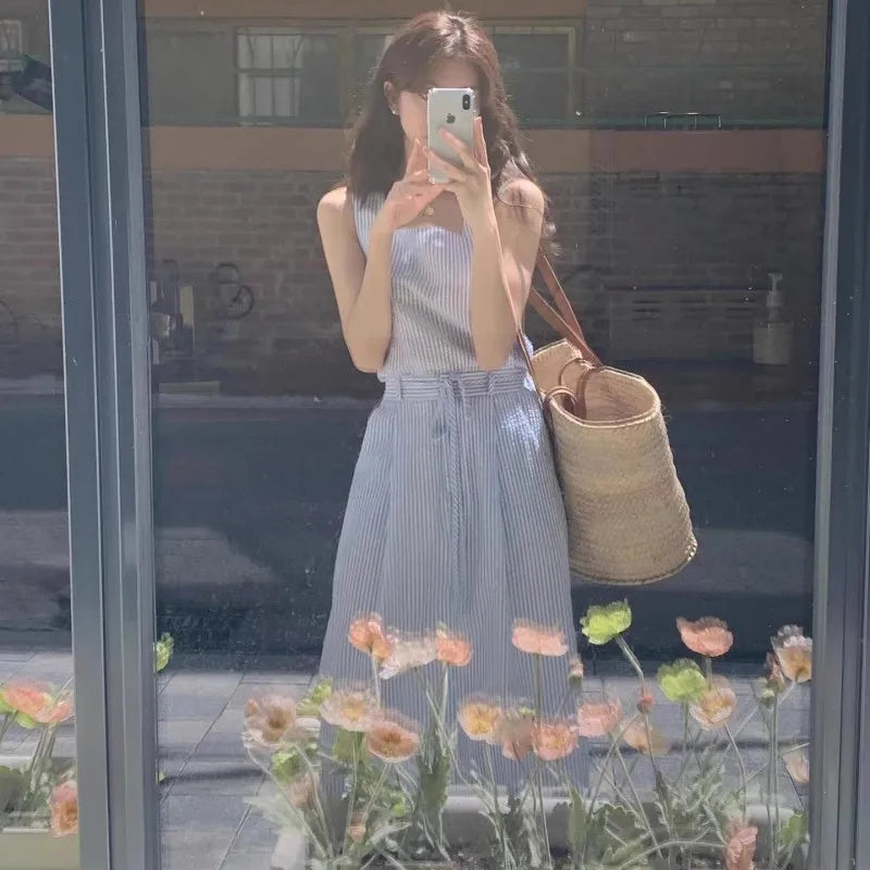 nvxiot - Refreshing Summer Style Square Neck Blue Stripe Sleeveless Tank Top Paired With High Waist Slim Skirt Two Piece Set