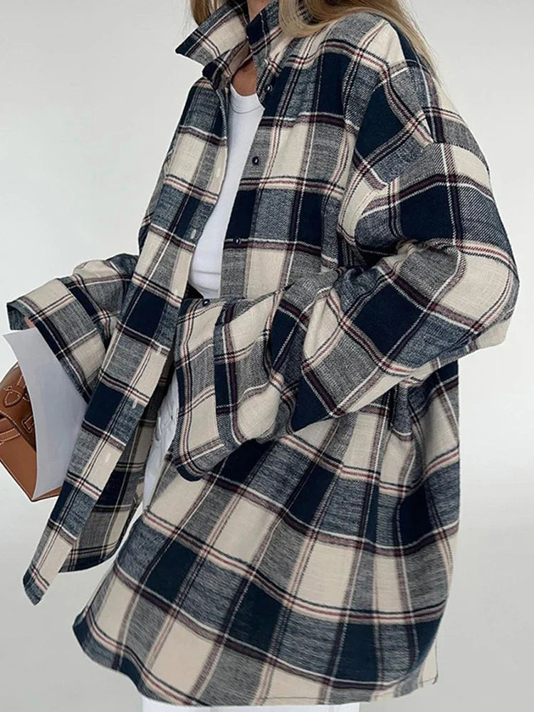 nvxiot - 2024 Women Spring Winter Oversized Plaid Shirt Thick Vintage Long Sleeve Loose Fit Blouse For Woman