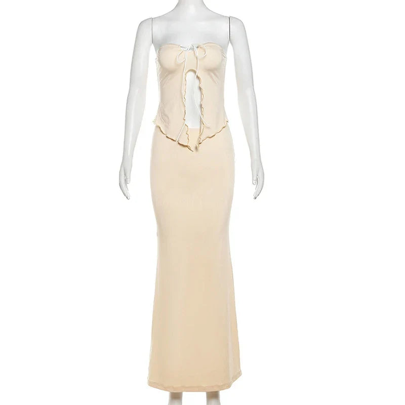 nvxiot - Maternity Irregular Ruffle Edge Strapless Backless Bodycon Dress Breast-wiping Skirt