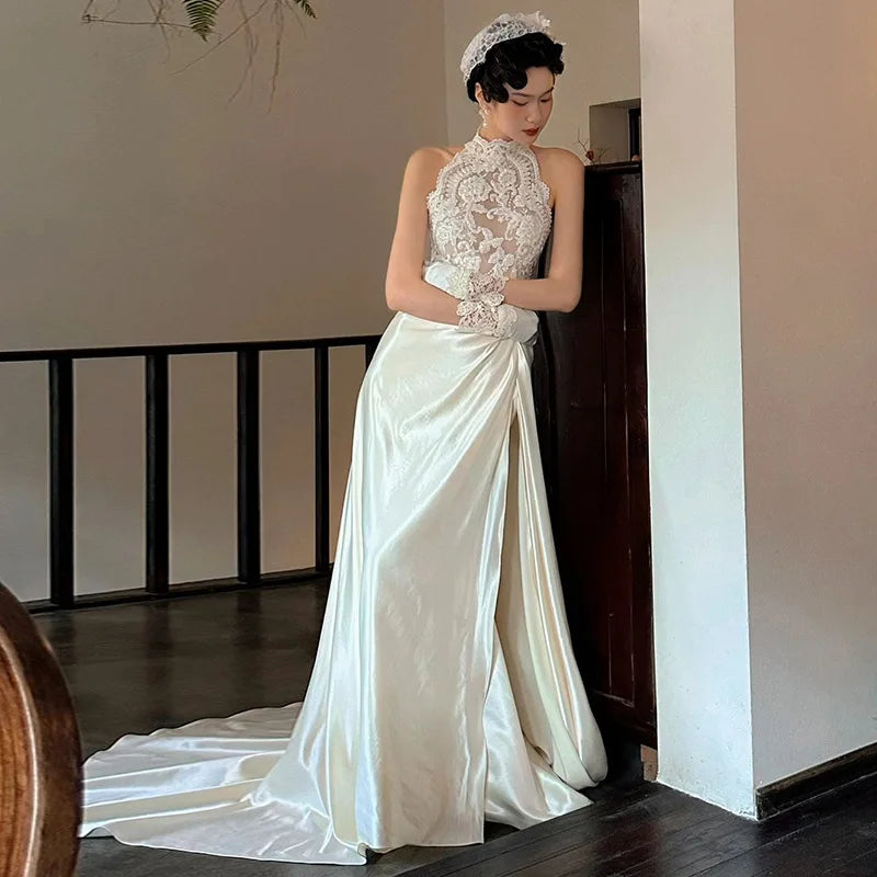 MQTIME - Simple Satin Light Wedding Dress 2024 New Elegant Lace Embroidery Illusion Bridal Dresses Vestido De Novia Plus Size Made Custom