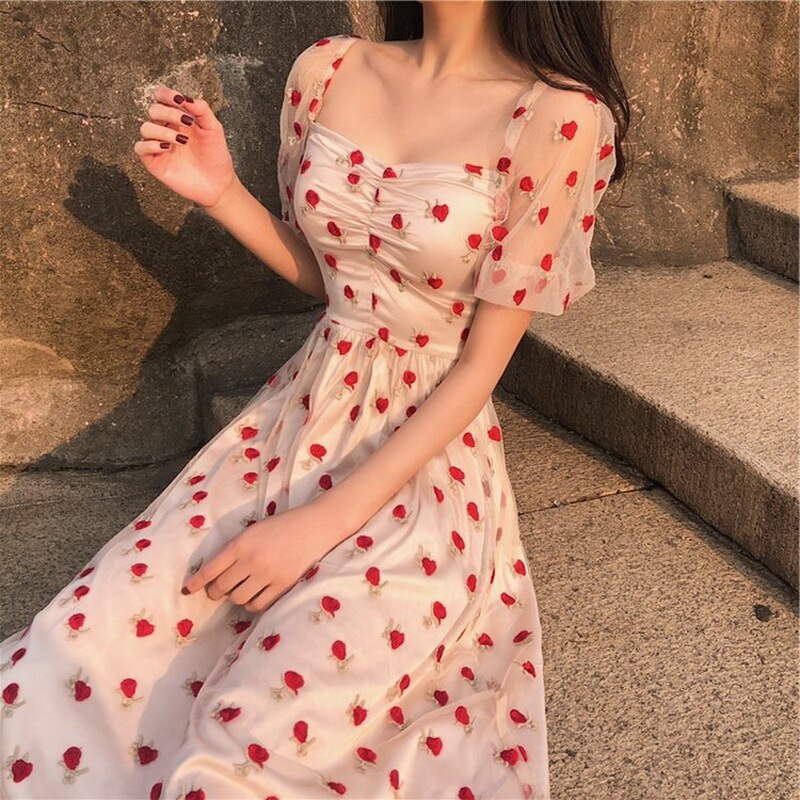 nvxiot Summer Strawberry Dress Embroidery Sexy Square Collar Midi Dresses Casual Short Sleeve Beach Party Dress Femme Vestidos Robe