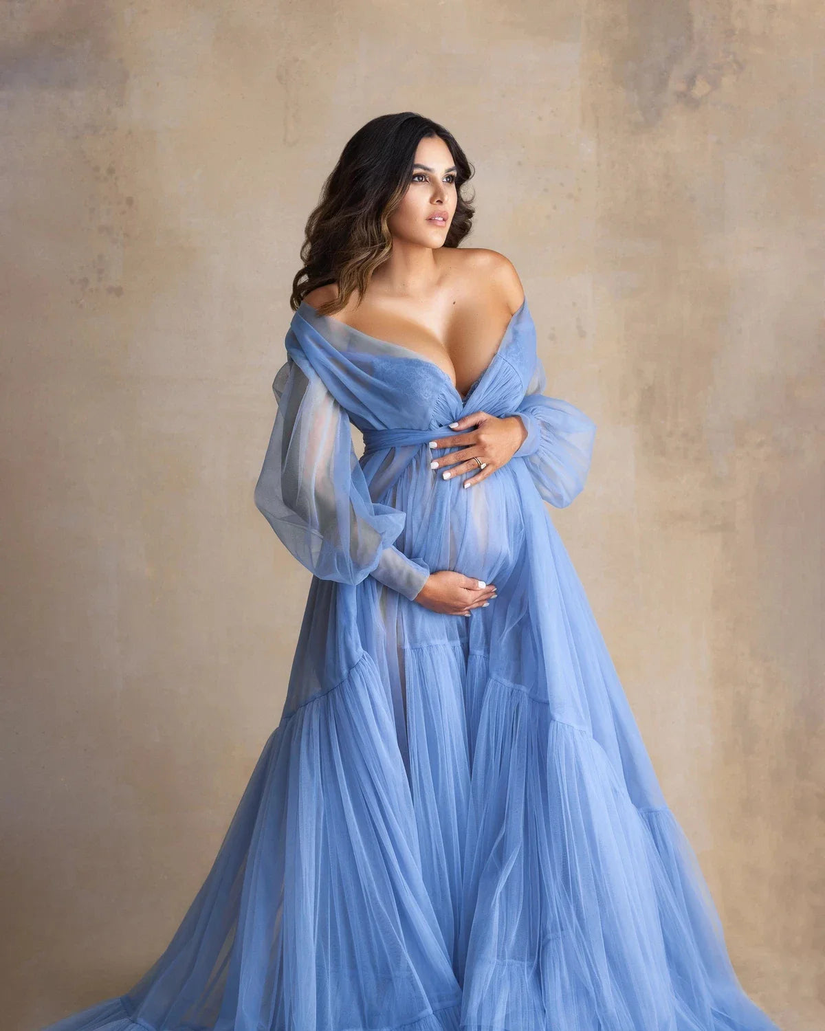 nvxiot Fluffy Blue Ruffle Tulle Maternity Dress for Photoshoot Off Shoulder Pregnancy Photography Dress Maternity Gown Robes with Sash