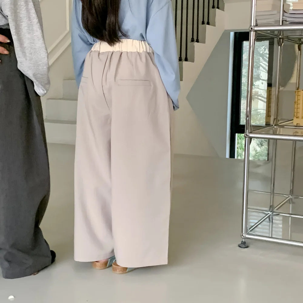 MQTIME - Korean 2024 Toddler Boy Pant Solid Elastic Waist Spliced Baby Girl Straight Pant Loose Casual Drawstring Kid Girl Wide Leg Pants