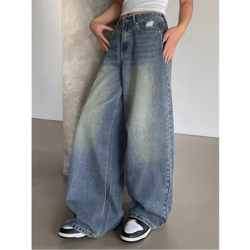MQTIME - Blue Womens Jeans High Waist Vintage Straight Summer Plus Size Y2K Denim Pants Streetwear American Baggy Wide Leg Denim Trouser