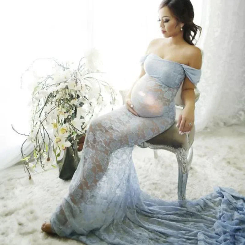 nvxiot - Lace Maternity Gown Dress Pregnant Clothes Photography Props Perspective Sexy Photo Shoot Women Trailing Dress Mother Vestidos