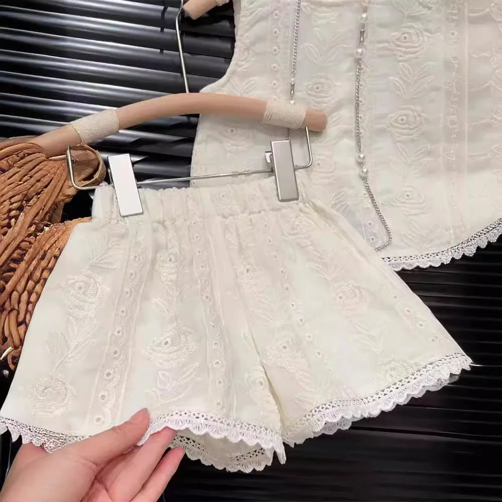MQTIME - Summer Korean 2-8 Year Girl 2PCS Clothes Set Solid Hollow Jacquared Camisole Suit Lace Hem Elastic Waist Shorts Baby Girl Outfit