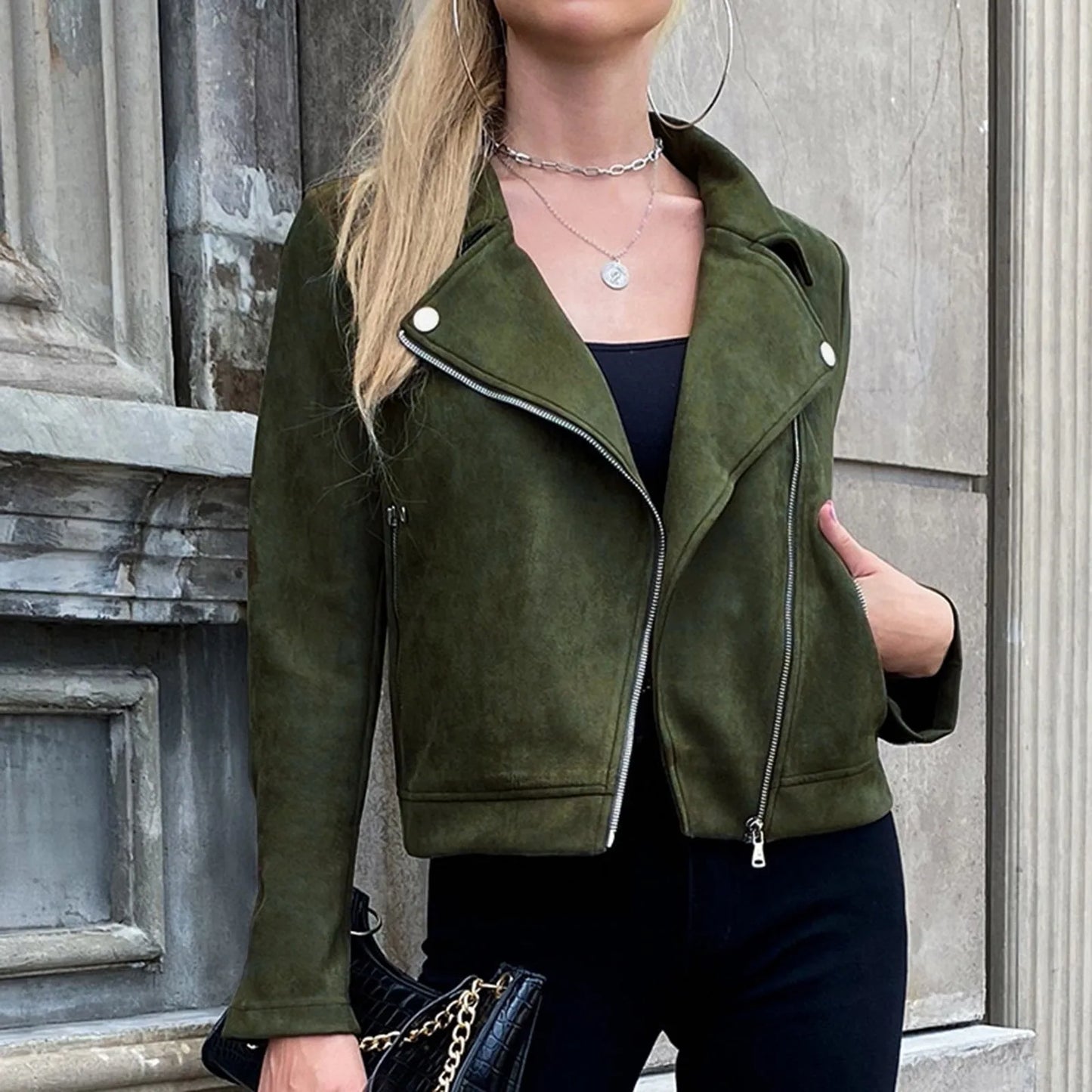 MQTIME - Women's Stylish Brown Leather Jacket Autumn New Classic Casual Irregular Zip Up Outerwear Ladies Skinny Long Sleeve Jacket