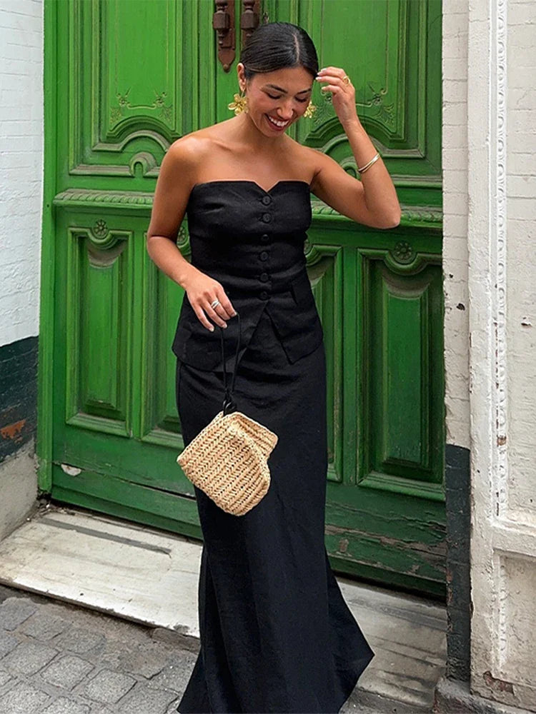 nvxiot - Chic Black Corset Top Shirts Suit Women Elegant Sleeveless Slim Fit Single-Breasted Sling Tops Skirts Sets Office Lady Party