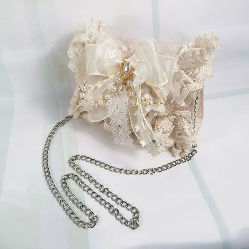 nvxiot Lolita Gentle Girls Shoulder Bags Elegant Sweet Lace Bow Women's Handbags Fashion Cute Pearl Chain Top-Handle Y2k Aesthetic