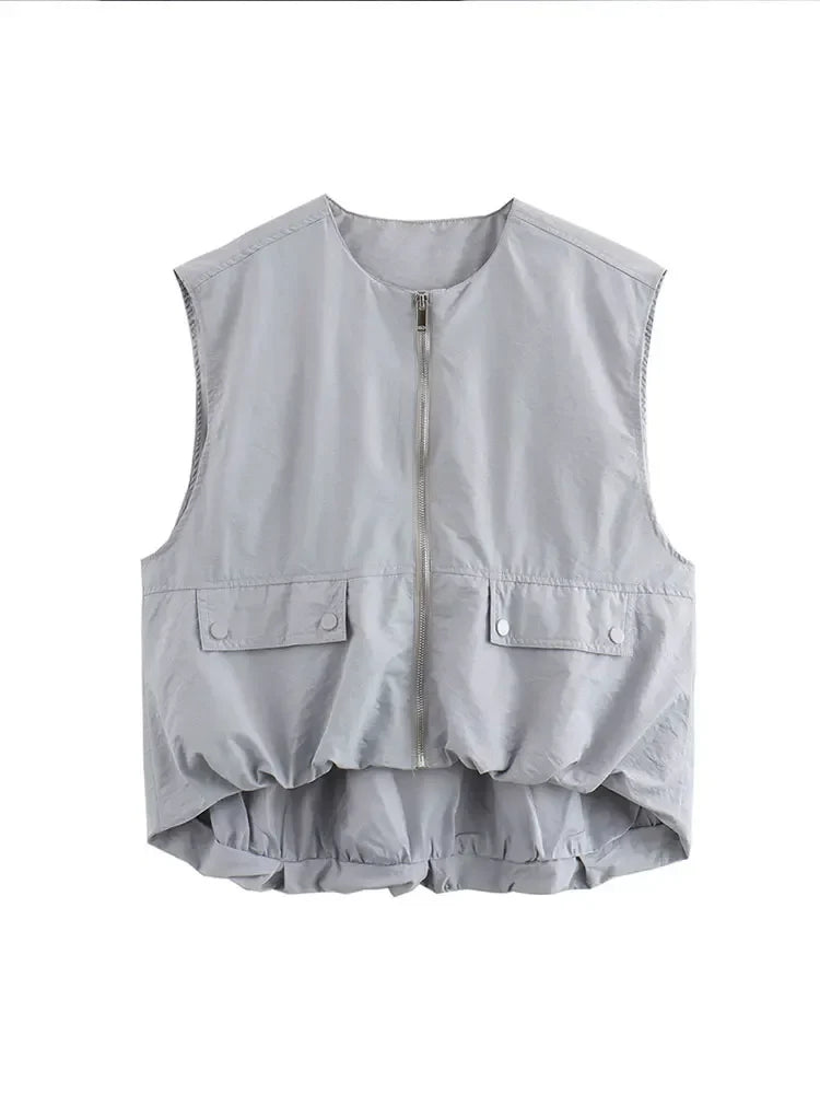 MQTIME - Fashion Zipper Pocket Sleeveless Vest Women Elegant Round Neck Loose Short Waistcoat Casual 2024 Autumn New Lady Street Tops