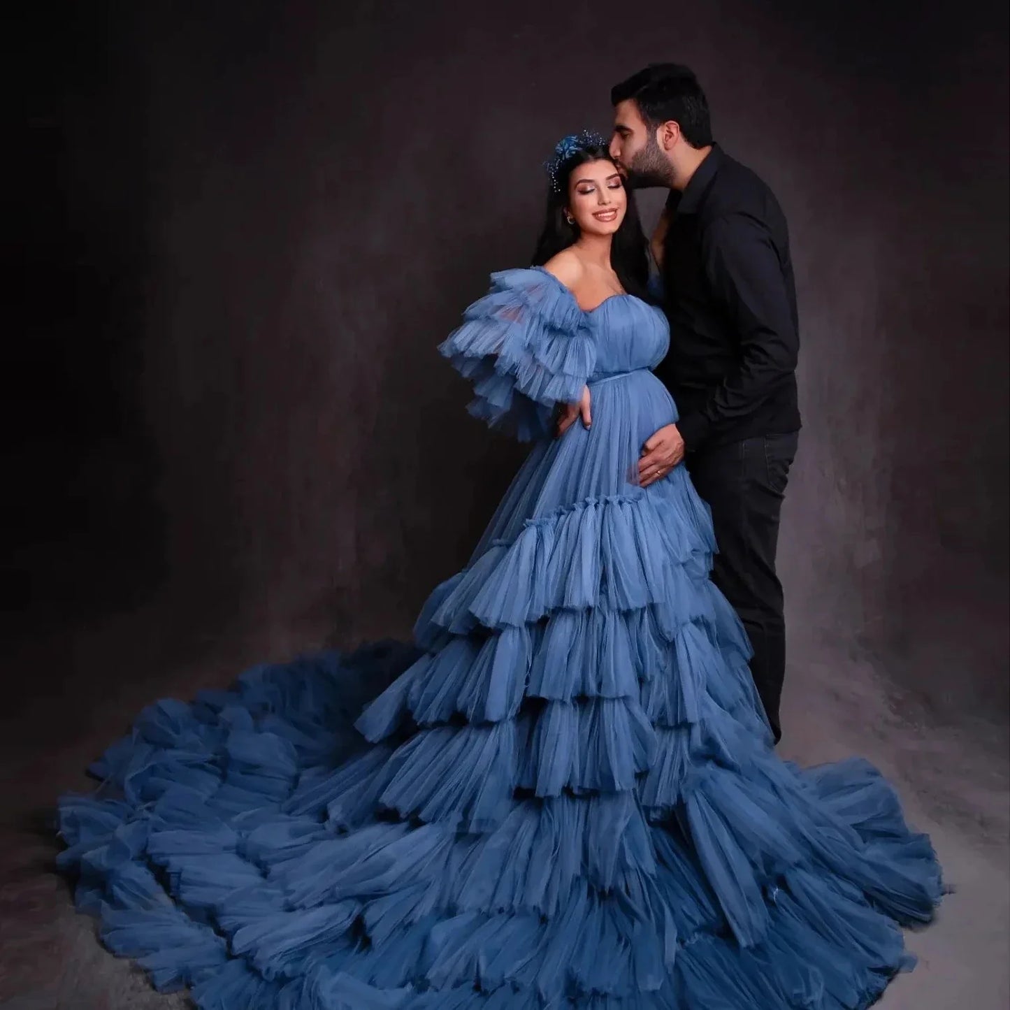 nvxiot Fluffy Tiered Tulle Maternity Dress Photoshoot Front Split Layered Mesh Sweetheart Photography Dresses for Pregnant Woman Custom