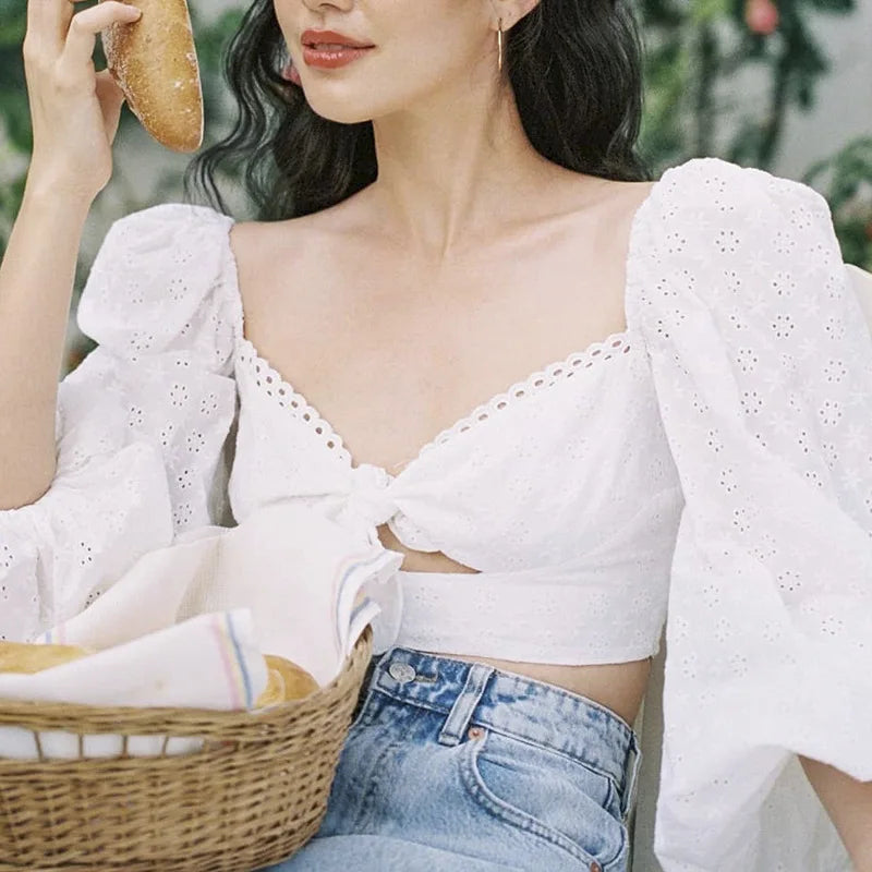 nvxiot - Summer Boho Style Women Shirts Retro Square Collar Long Sleeve Loose White Crop Top Lantern Sleeves Crocheted Hollow Blouse