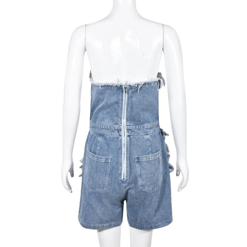 nvxiot - Women Fashion Hole Tassel Denim Playsuits Rompers V-neck Strapless Zipper Backless Pockets Casual Streetwear Jeans Overalls