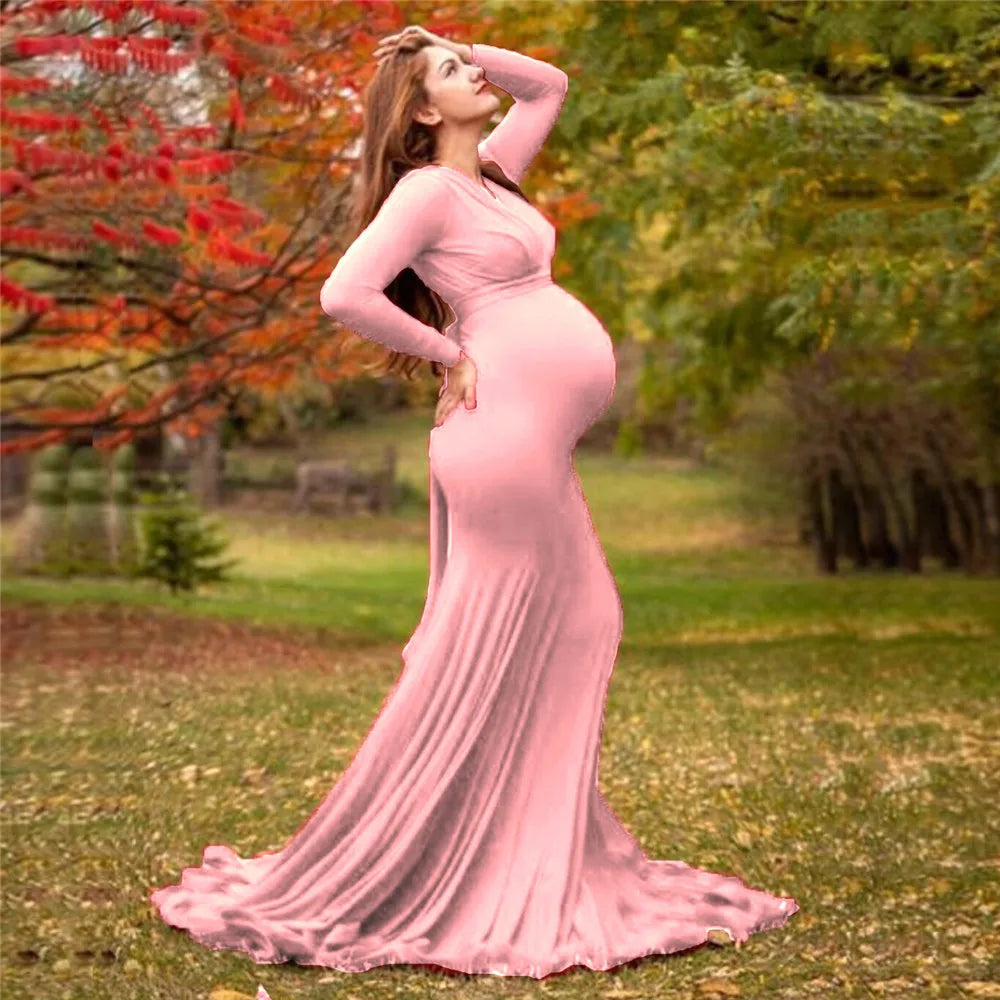 nvxiot - Sexy Maternity V-neck Dresses Photography Long clothing Pregnancy Shoot Maxi Gown For Baby Showers Pregnant Women Photo Props